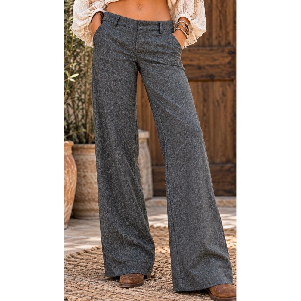 Gap Womens Size 4 Low Rise Wool Wide Leg Trousers Charcoal Herringbone Y2K Pants